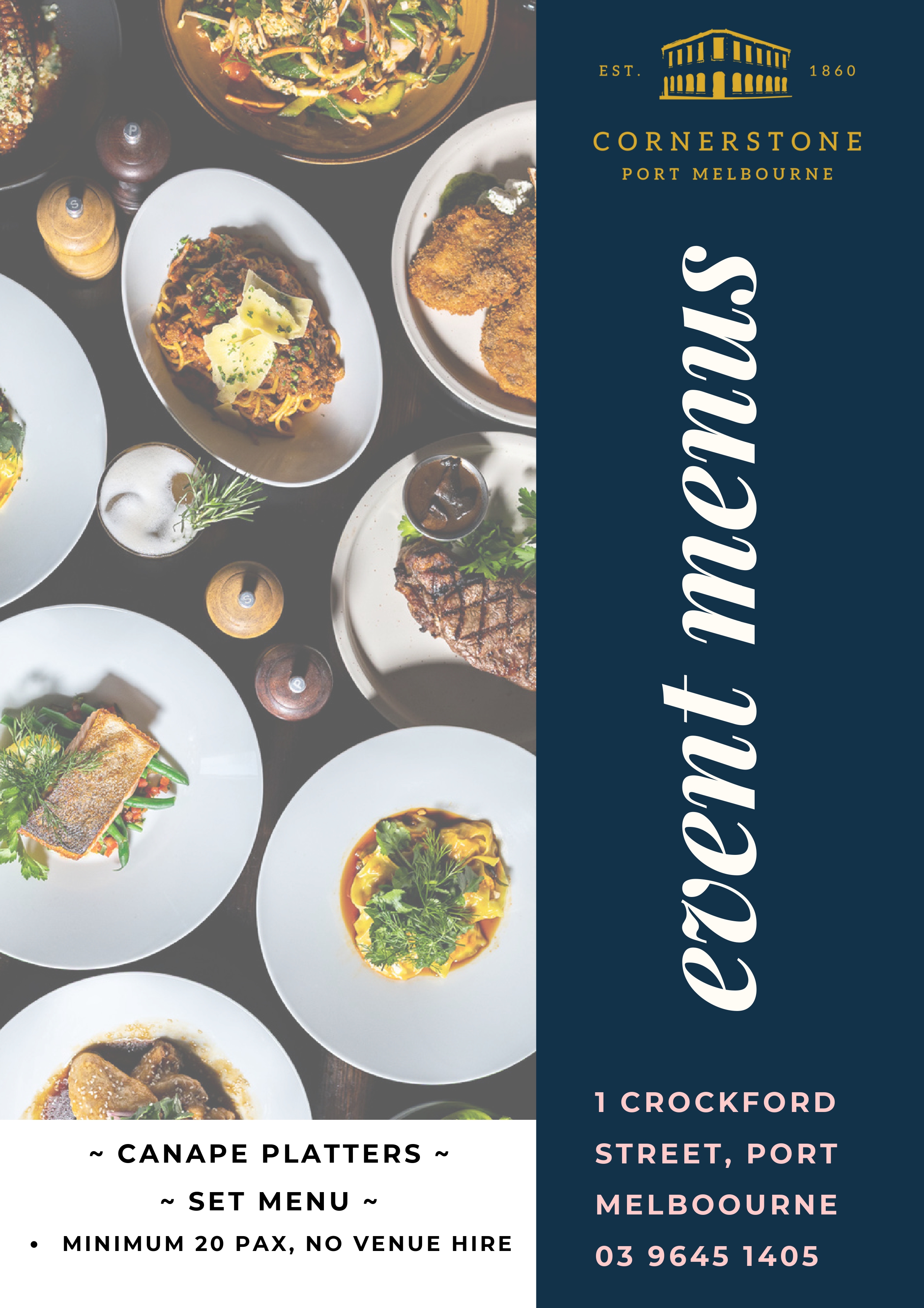 Cornerstone Pub events menu page 1 - function and event catering packages with canapés, grazing tables, and dining options for celebrations in Port Melbourne